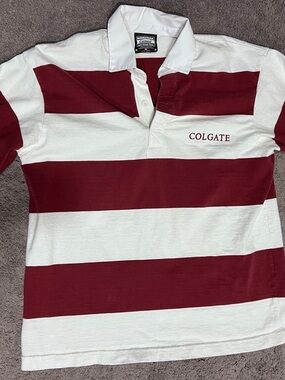 Vintage Colgate White and Maroon Striped Rugby Polo